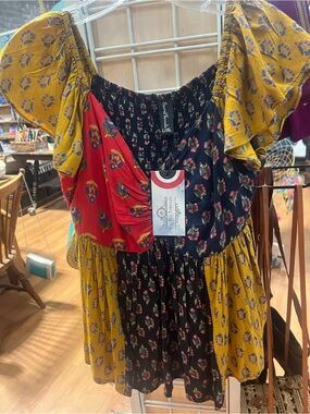 Sacred Threads Patchwork Floral Smocked Peasant Top in Yellow, Black & Red